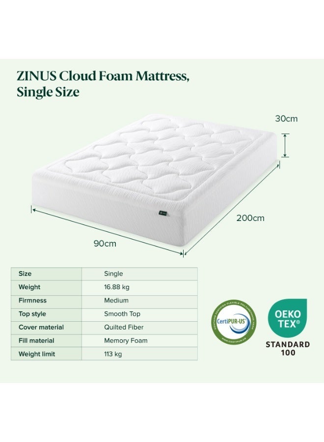 Zinus 30cm Cloud Memory Foam Mattress | Single Size | Pressure Relieving Design| OEKO-TEX®| CertiPUR-US® Certified| Mattress in a Box | Off-White | 200L x 90W x 30H CM | - Image 2